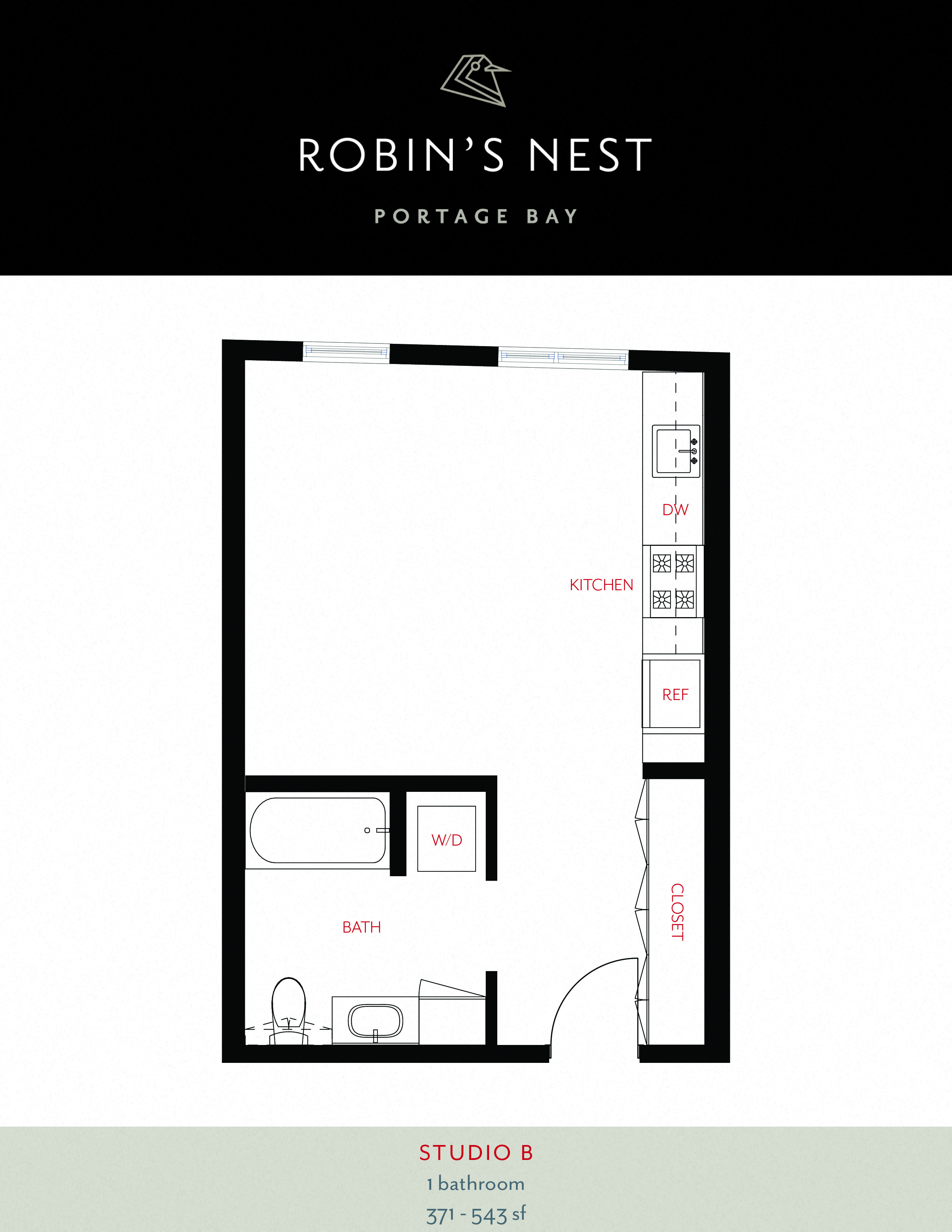 Floor plan for studio, 1 bath, 543 sqft